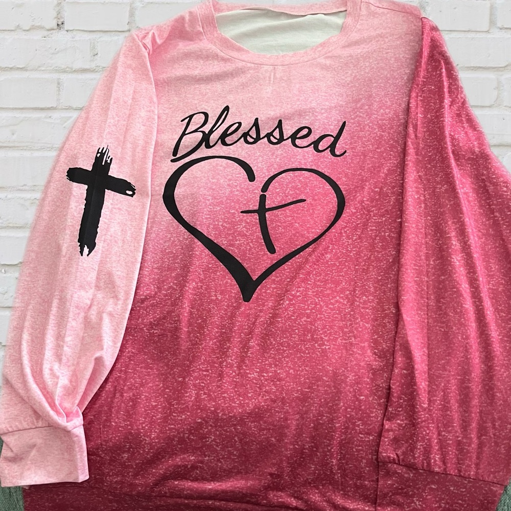 Pink to dark pink “Blessed” sweatshirt with Cross.